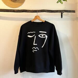 Abstract Face Black Cotton Blend Soft Pullover Crewneck Sweatshirt Size Medium